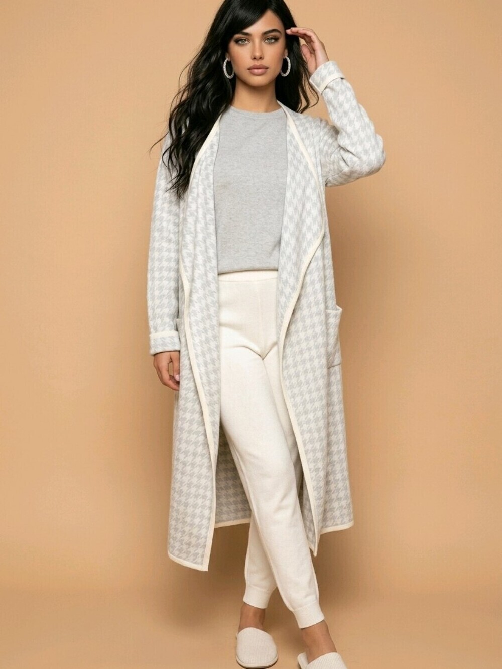 NWT Glamorous Wool Cream Houndstooth Waterfall Cardigan Sz S Very Lightweight